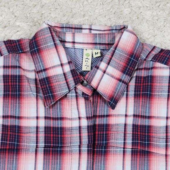 Dakini Plaid Boyfriend Shirt Womens Medium Red Stretch Hidden Pocket Vented - Picture 4 of 10